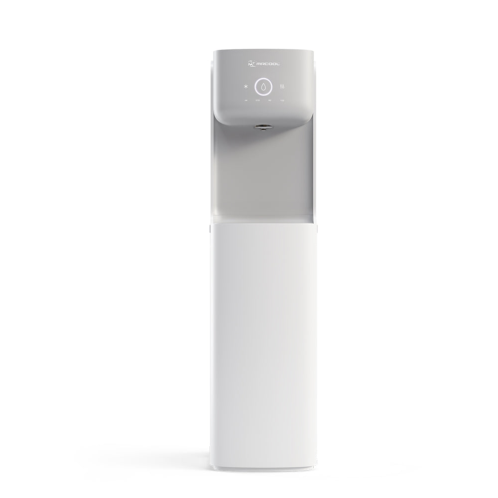 MRCOOL thermo-controlled water dispenser front view with gray top and dispenser spout