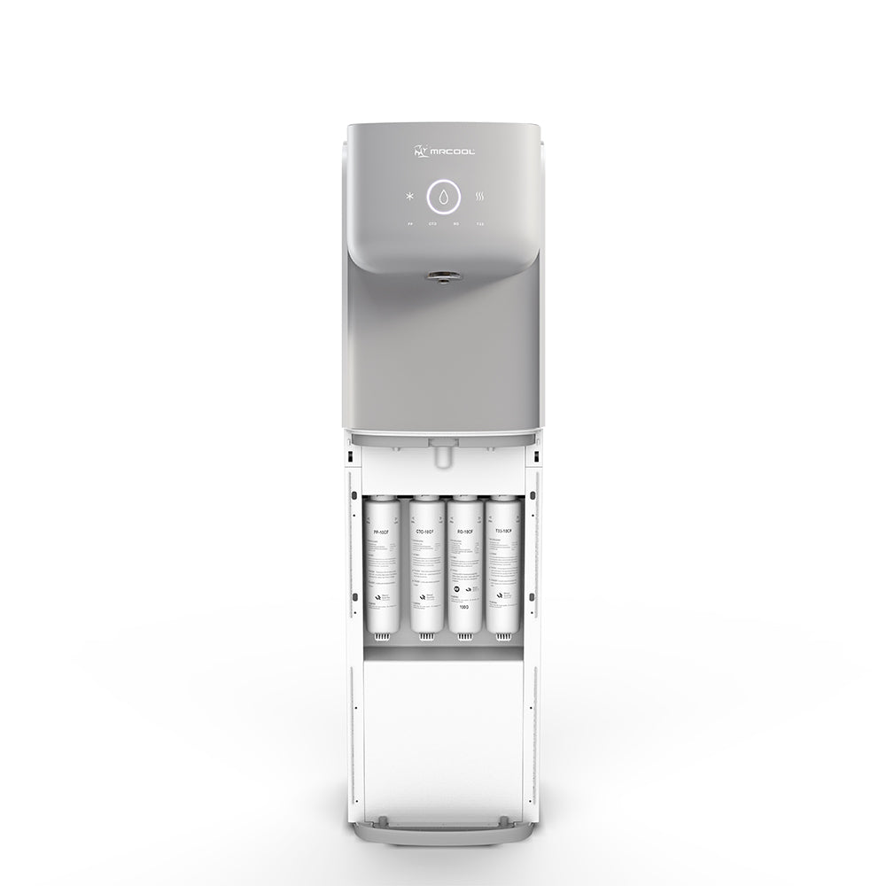 MRCOOL thermo-controlled water dispenser with open front showing 4 internal filter cartridges