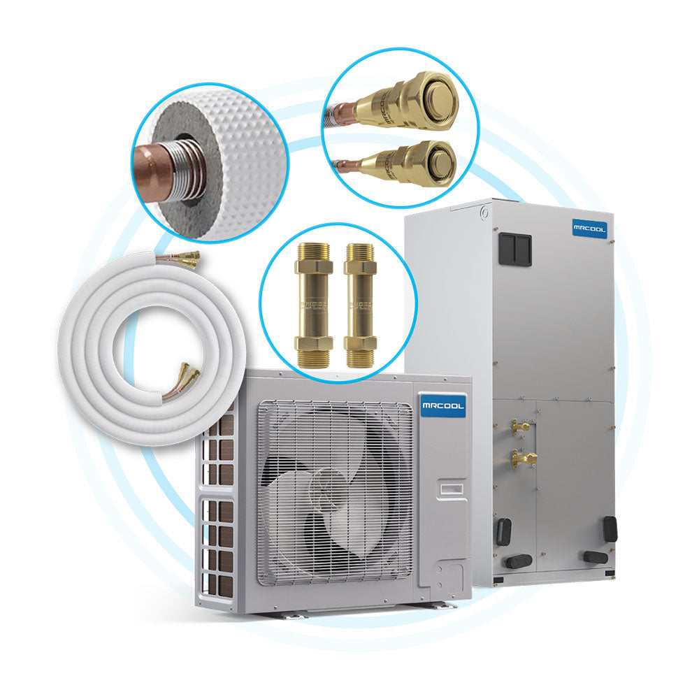 Refrigerant line set kit with white tubing and brass fittings shown with HVAC outdoor unit