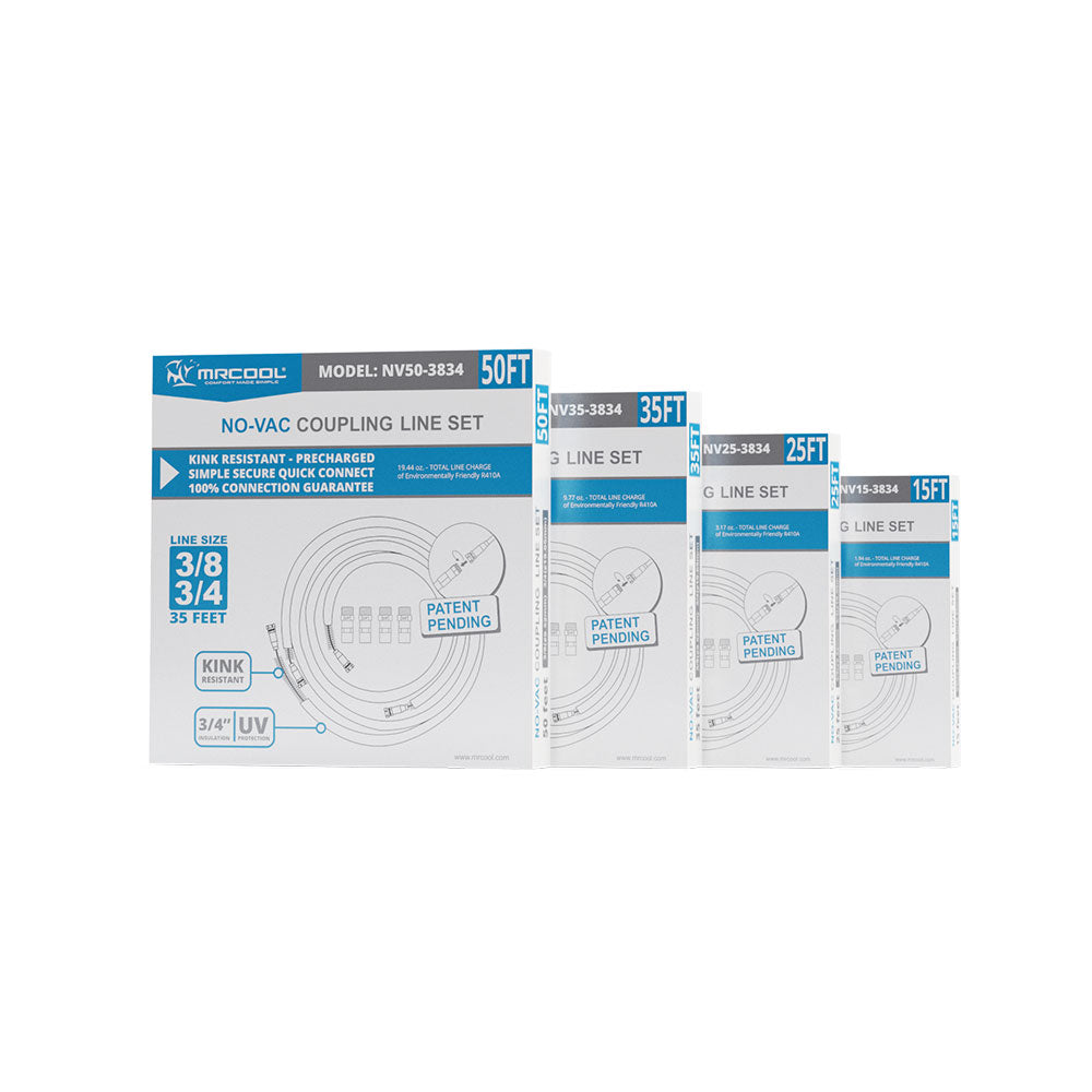 MRCOOL line set box showing 3/8 in x 3/4 in no-vac coupling line set details