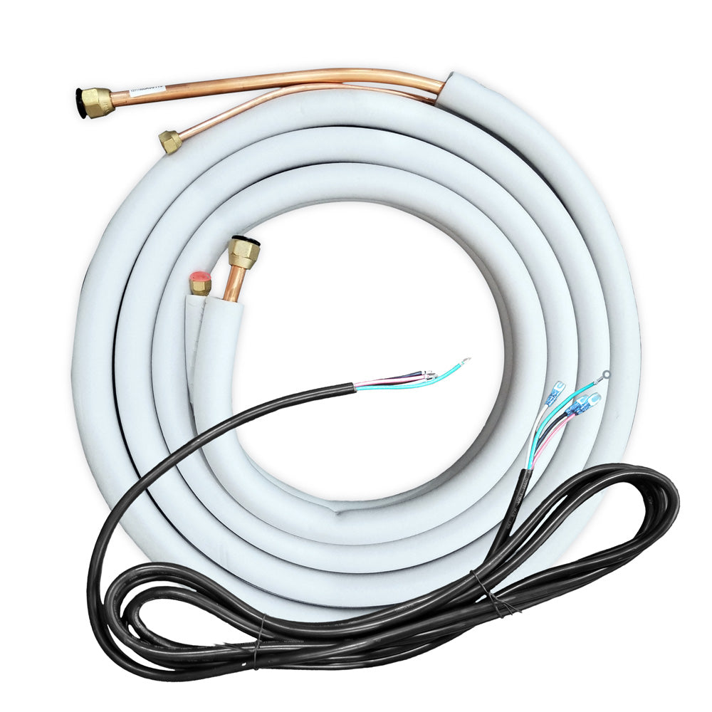 Air conditioner line set with coiled light blue tubing, copper fittings, and black cable