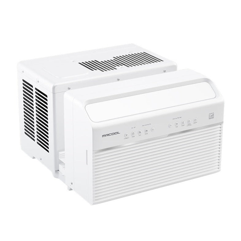 White window air conditioner with front control panel and vented grille