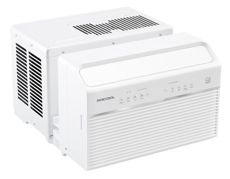 White MRCOOL U-shaped window air conditioner unit with side vent grilles and front panel.