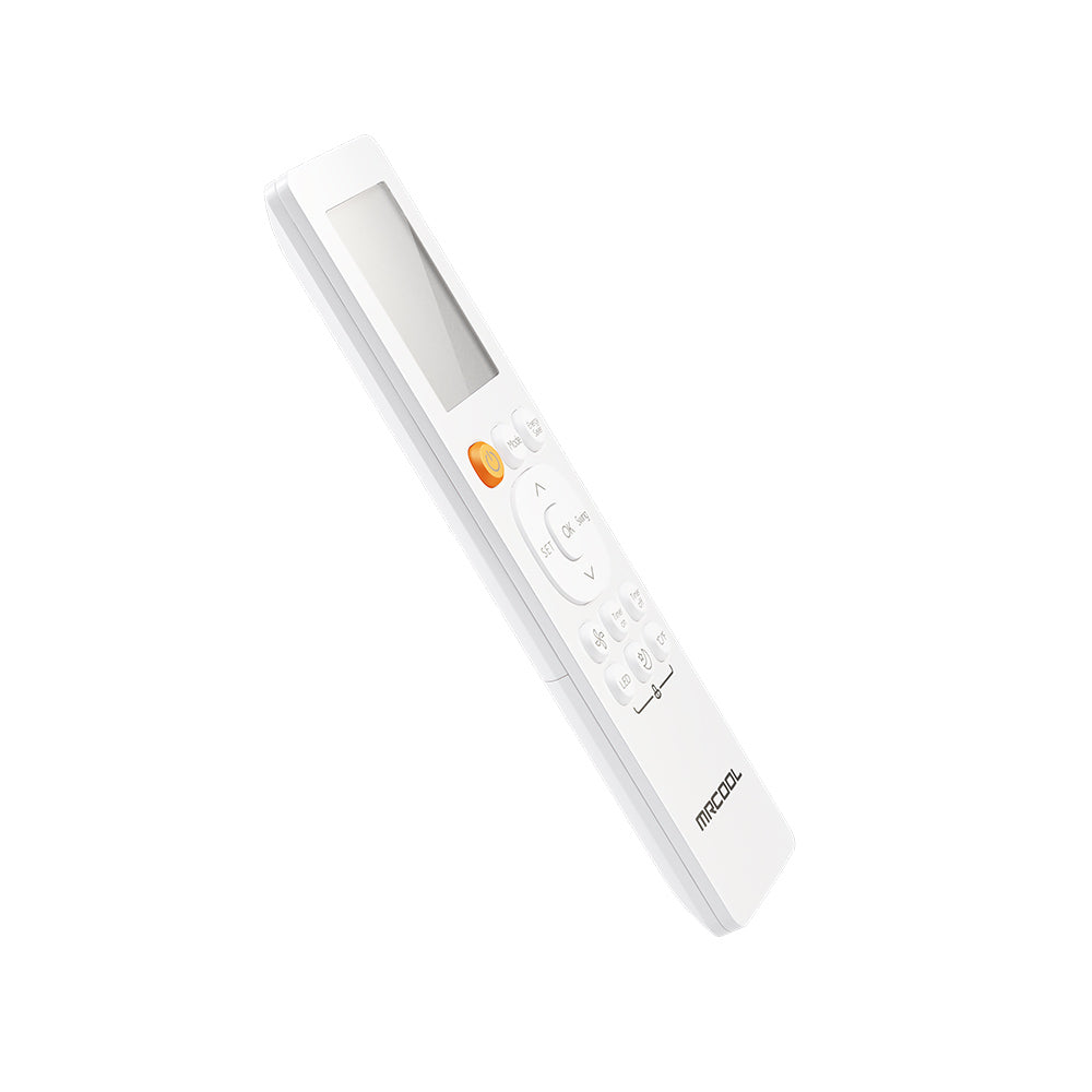White MRCOOL air conditioner remote control with buttons and orange indicator light