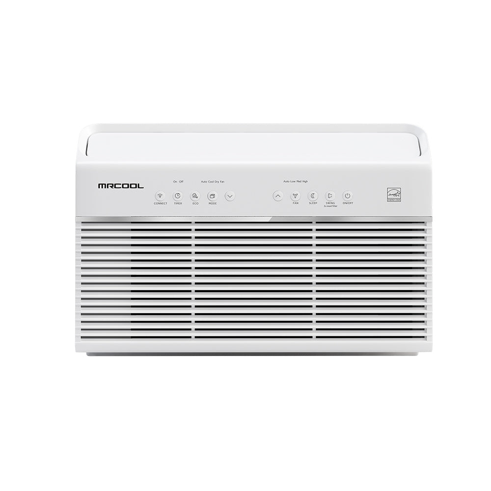 White window air conditioner front grille with control icons along the top