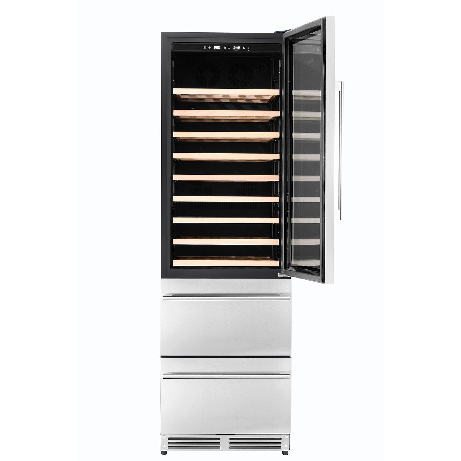 Dual-zone wine and beverage cooler with open glass door and wooden wine racks inside
