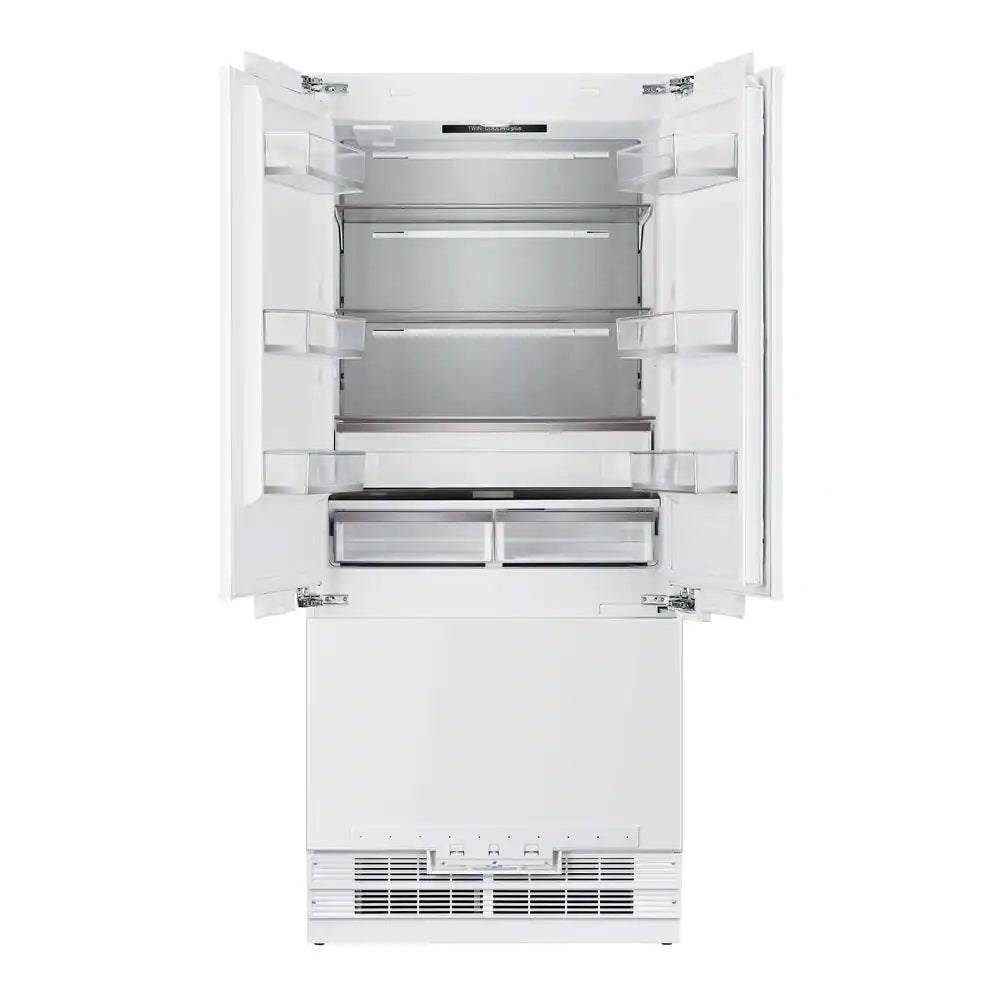 Built-in French door refrigerator interior with shelves and drawers, white interior