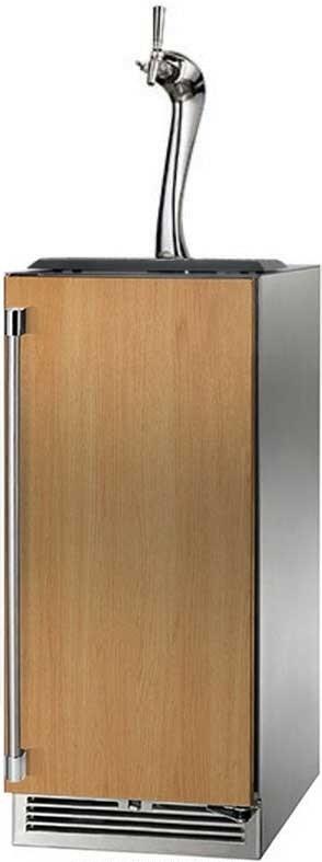 Beer dispenser cabinet with chrome tap and wood panel, front view with drip area