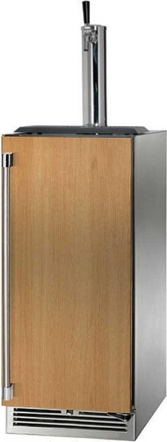 Perlick outdoor beer dispenser with draft arm tower, wood panel door and front grille