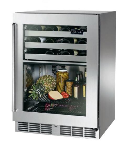 Stainless steel built-in beverage center with glass door and interior shelves