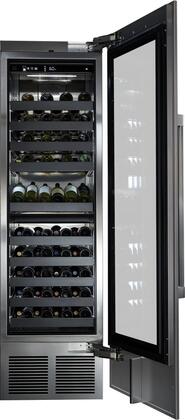 Built-in dual-zone wine cooler with open door and bottle racks, top control display