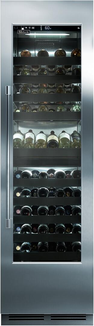 Built-in wine cooler with glass window door and multiple rows of stored wine bottles