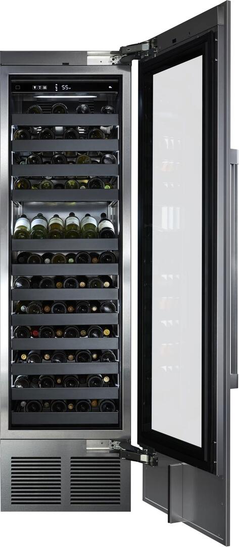 Built-in single-zone wine cooler with glass door, open shelves holding wine bottles