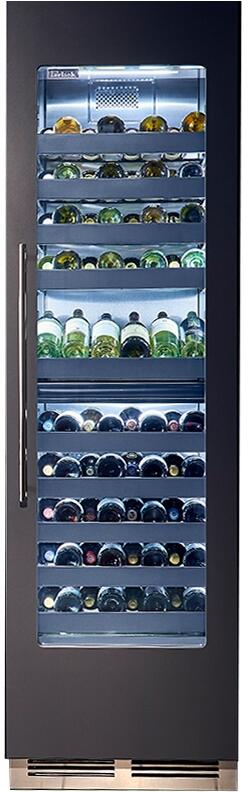 Wine cooler with clear glass door and illuminated rows of wine bottles on shelves