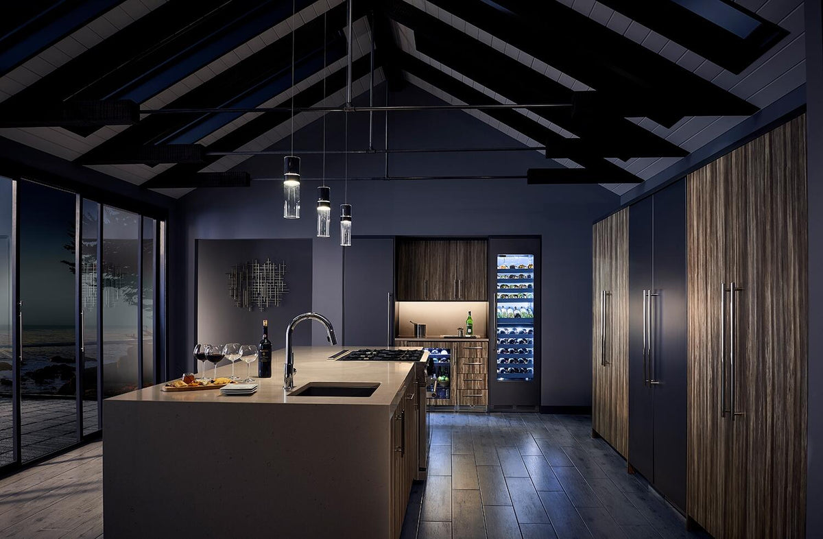 Under-counter wine cooler corner with glass-door display and illuminated bottle shelves