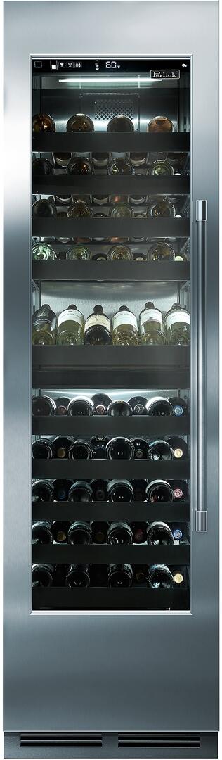 Built-in single-zone wine cooler with clear glass door and multiple bottle storage shelves