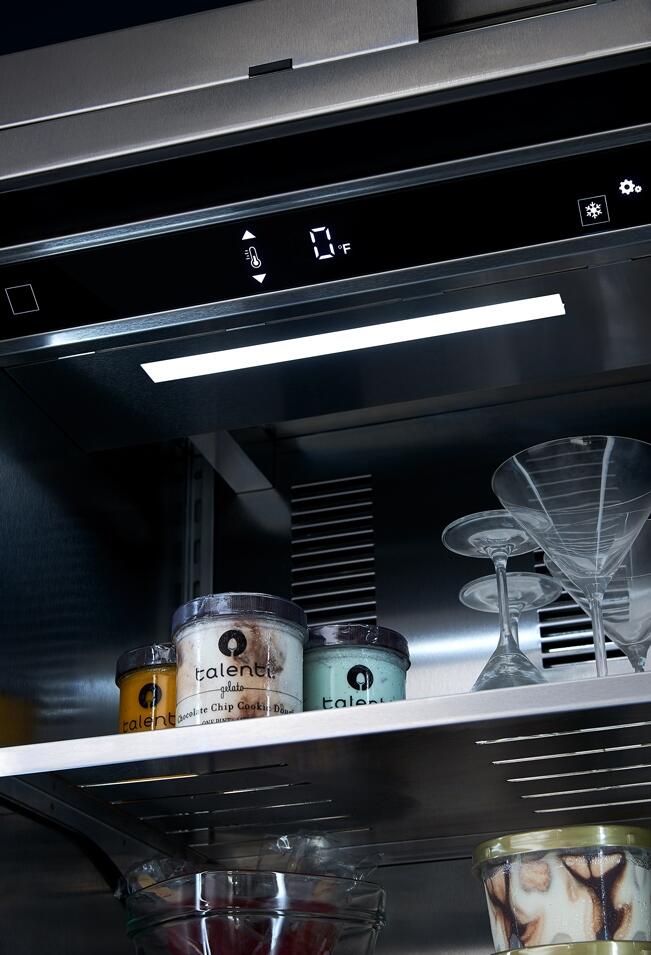 Upright freezer control panel with temperature display and icon buttons