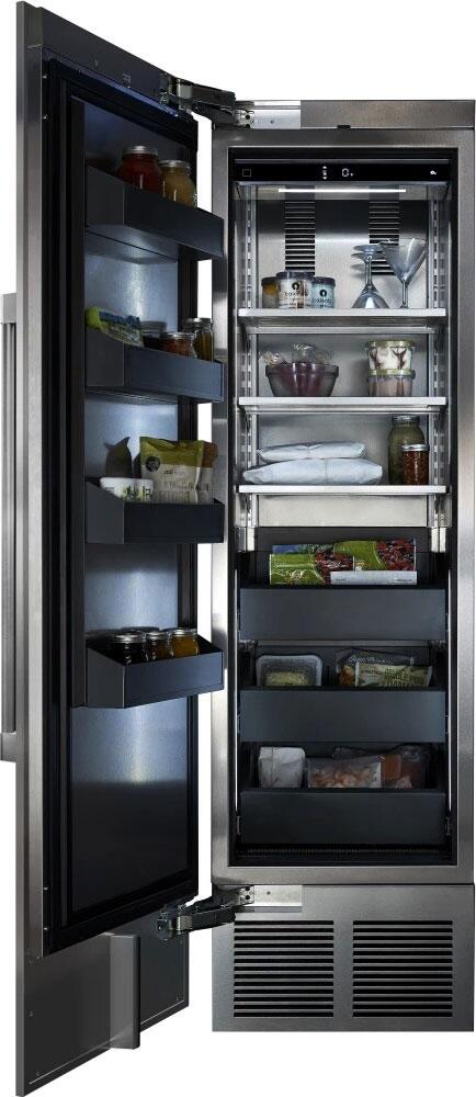 Upright freezer interior stocked with jars, bowls, and packaged foods on shelves