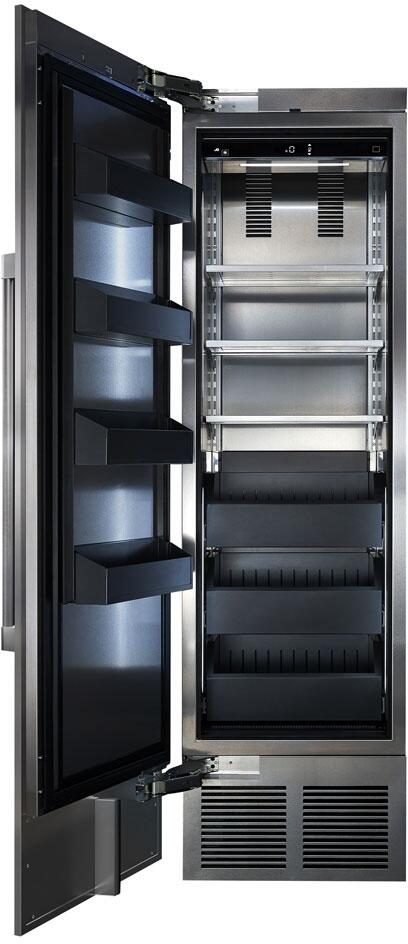 Built-in upright freezer with open door, adjustable shelves, and side storage bins