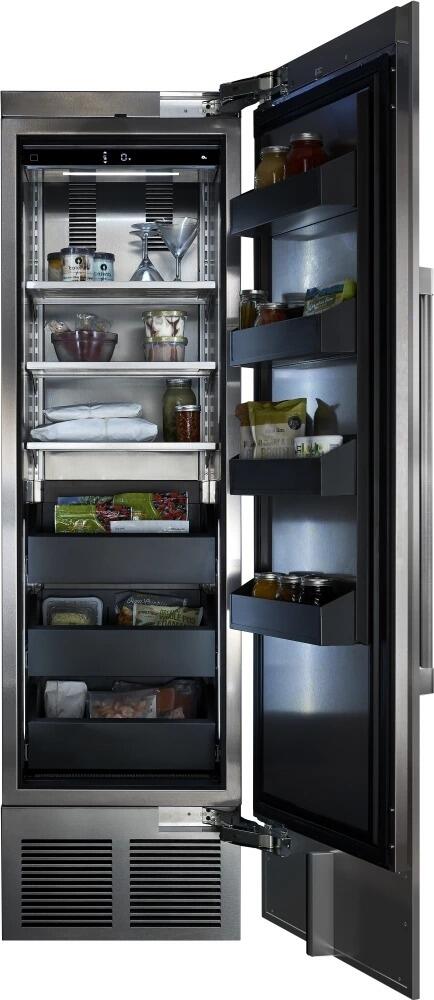 Built-in upright freezer with open door, shelves stocked with containers and produce