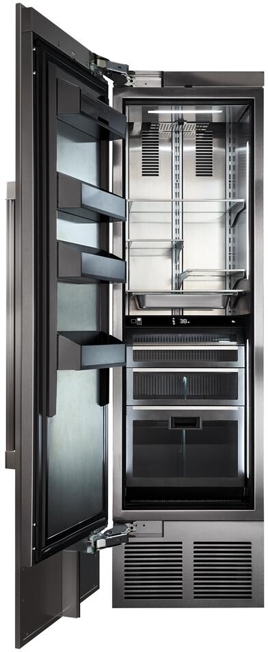 Built-in upright refrigerator with open door, glass shelves and drawers inside