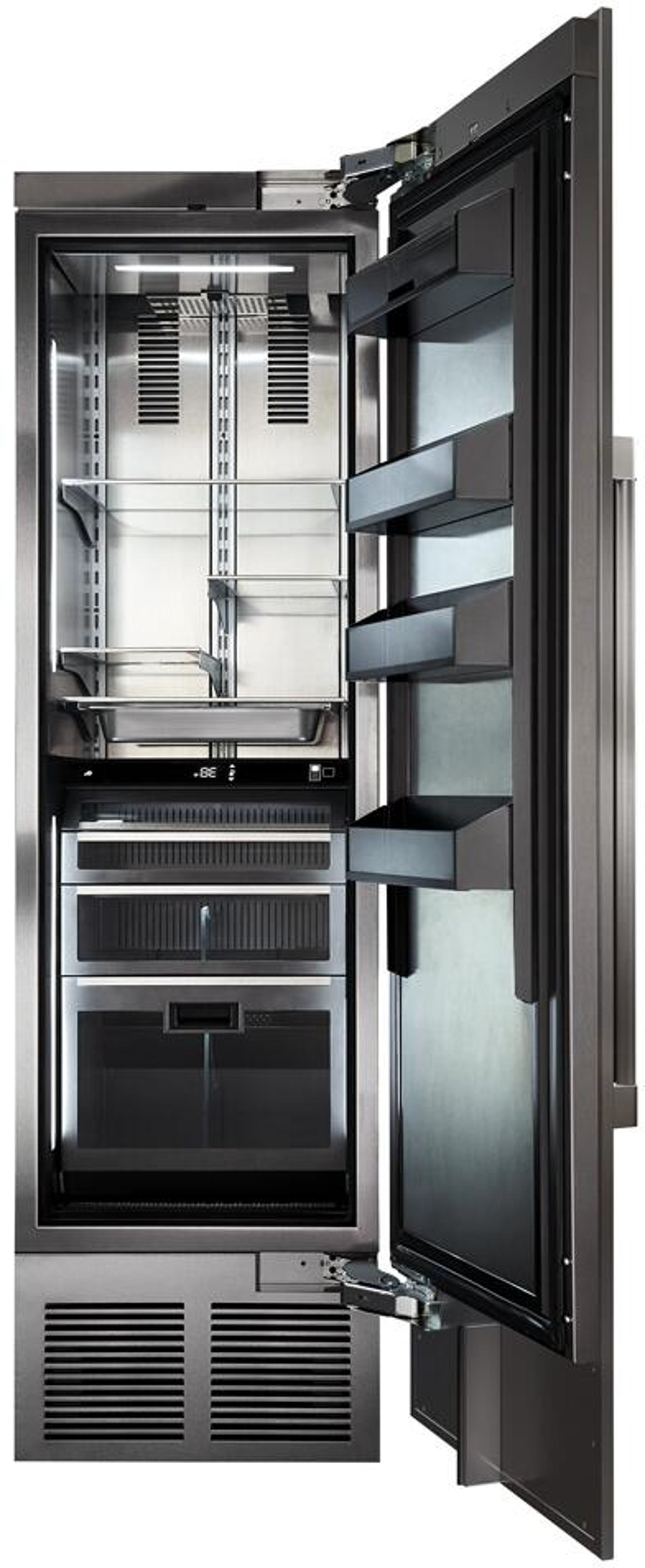 Built-in upright refrigerator, stainless interior with multiple shelves and open panel door