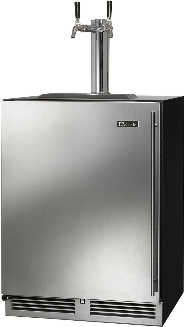 Stainless steel indoor beer dispenser with dual taps and front ventilation vents