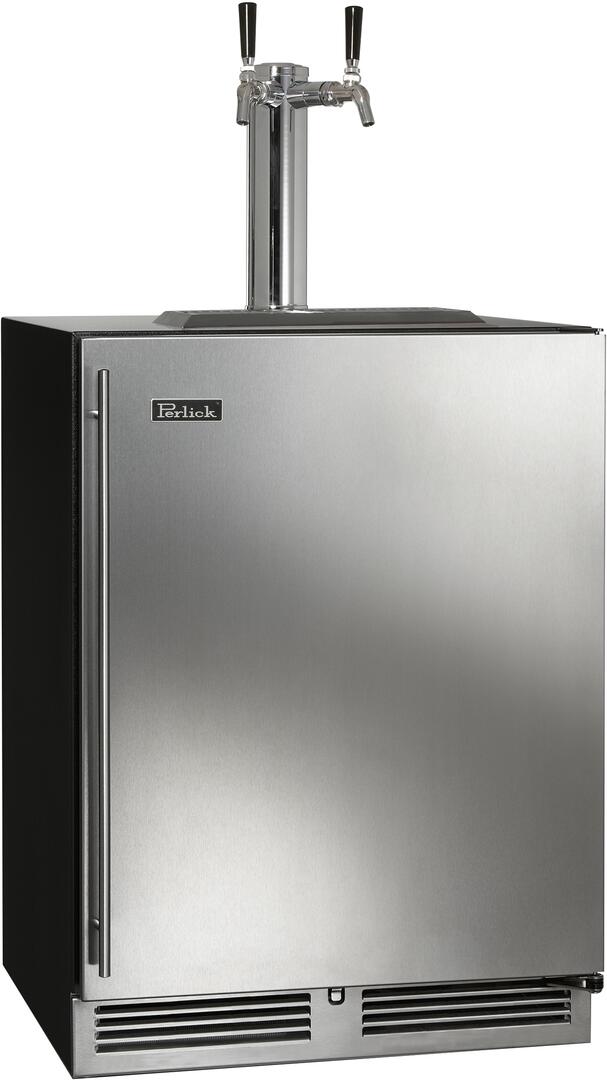 Stainless steel beer dispenser with dual taps, side handle, and lower air vents
