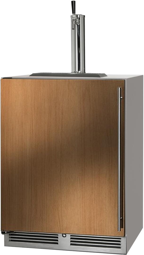 Outdoor beer dispenser with wood-paneled cabinet, stainless tap tower, front vent grilles