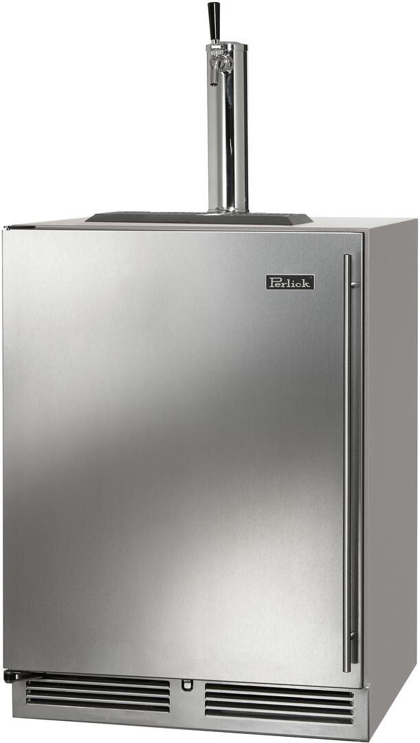 Stainless steel beer dispenser with Perlick logo, front door and draft tower