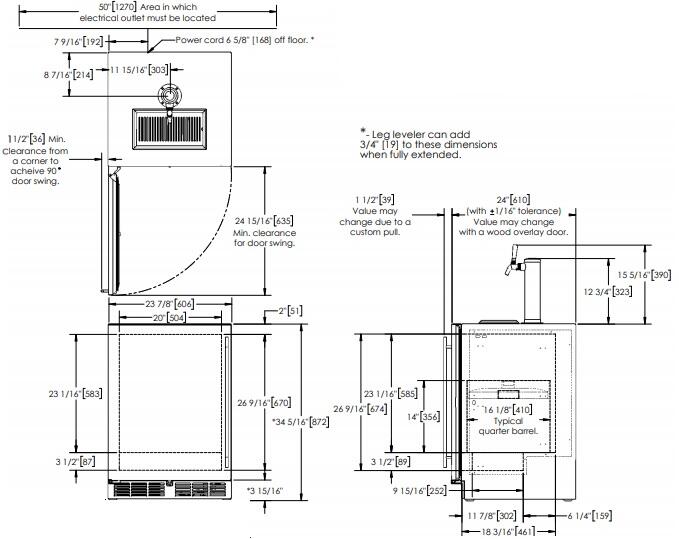 Stainless steel outdoor beer dispenser technical dimensions diagram