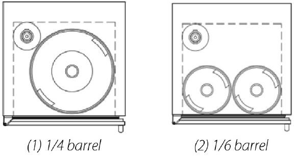 Beer dispenser barrel loading diagram: 1/4 and 1/6 barrel layouts