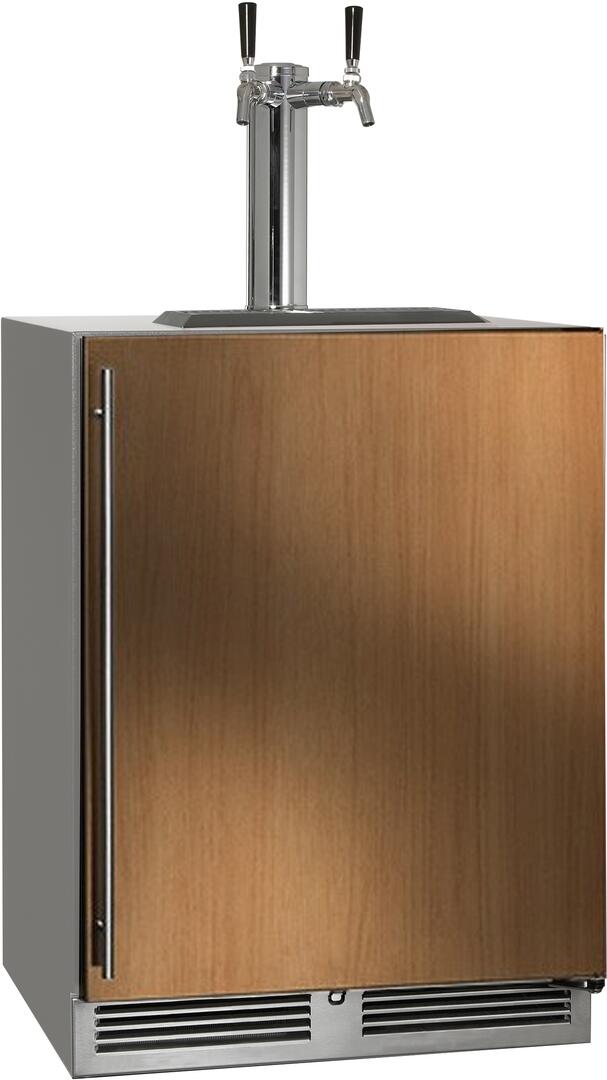 Outdoor beer dispenser with wood side cabinet, stainless draft tower, and front access door with vents