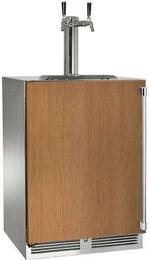 Stainless outdoor beer dispenser with wood panel, double tap tower and drip tray
