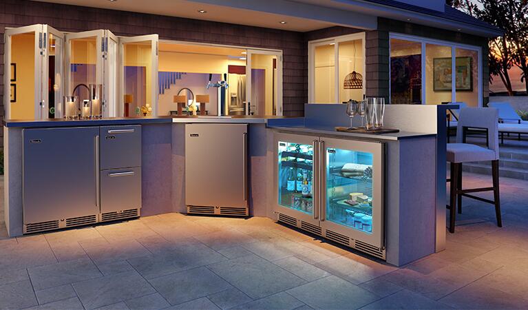 Stainless steel outdoor beer dispenser with glass front door and top tap