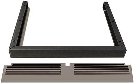 Dark metal toe kick and riser assembly with vented grille panels and mounting tabs