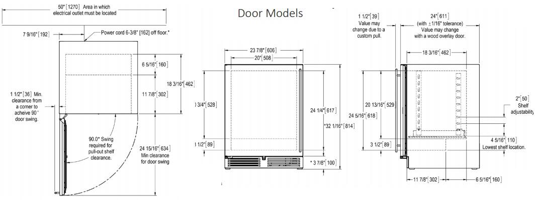 Technical line drawing of compact freezer door dimensions and cutout layout