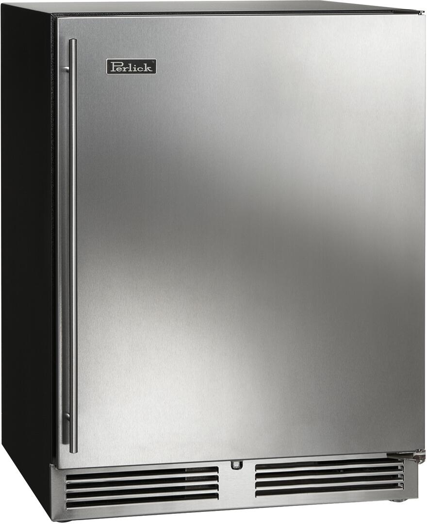 Stainless steel built-in compact freezer front view with vertical handle and lower vents