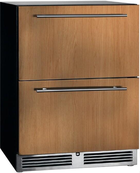 Compact built-in freezer with two drawer handles and bottom vent grille, panel-ready