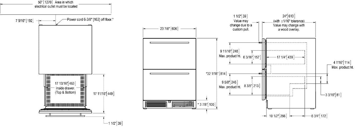 Dimensioned diagram of a built-in drawer freezer front and side layout