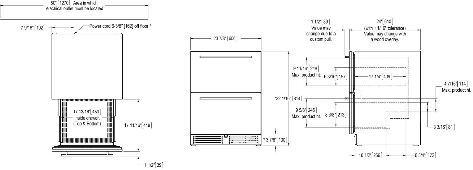 Compact freezer technical drawing with front, side, and top dimension lines