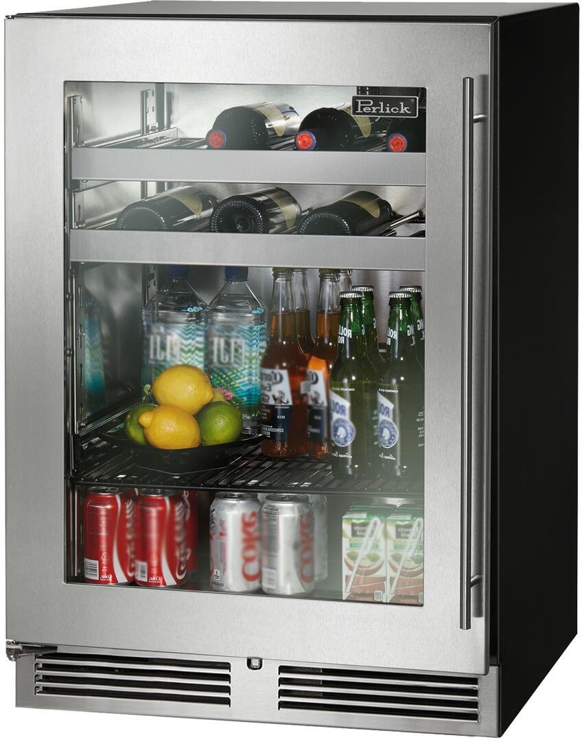 Stainless steel beverage center with glass door, shelves and bottom vents