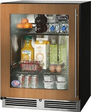 Compact built-in glass-door refrigerator with interior shelves and beverages, black trim