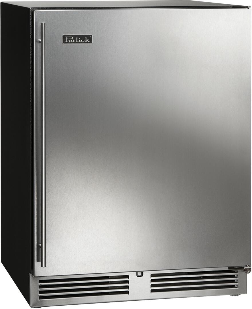 Stainless steel Perlick built-in compact refrigerator with vertical handle and lower grille