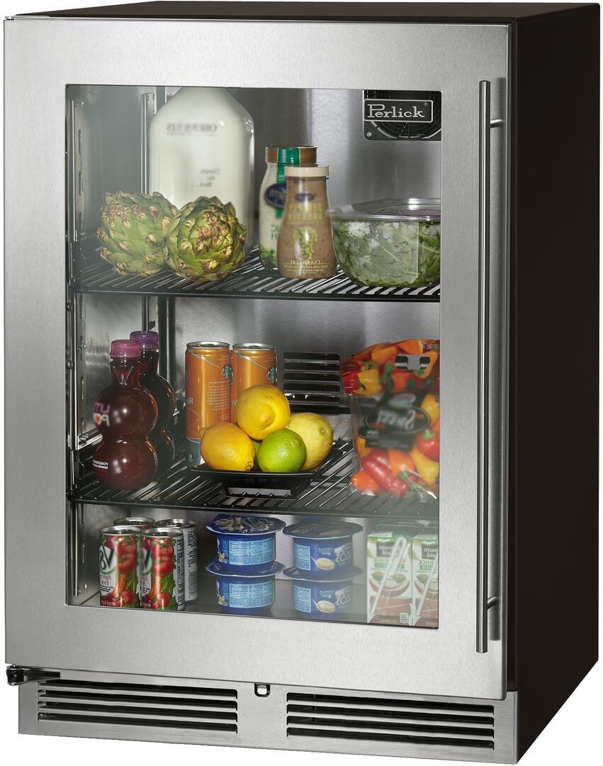 Stainless steel compact refrigerator with glass door, visible shelves with food items