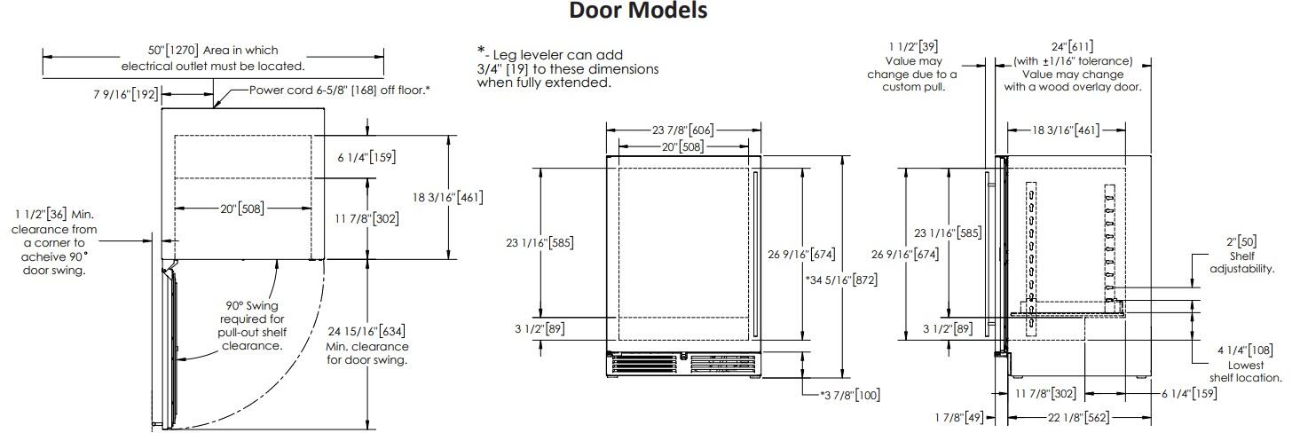 Technical dimension diagram showing panel-ready compact refrigerator door and cabinet views