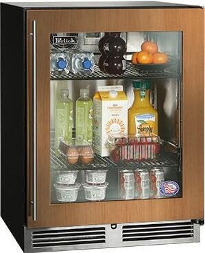 Compact built-in glass-door refrigerator with wood-look frame and beverage storage shelves