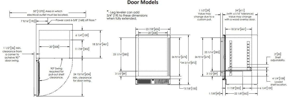 Refrigerator door technical dimension diagram with labeled measurements and model notes