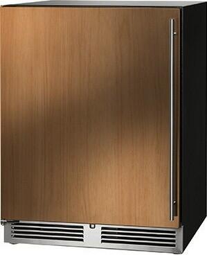 Built-in wine cooler with wood panel door, stainless vertical handle, bottom vent grilles