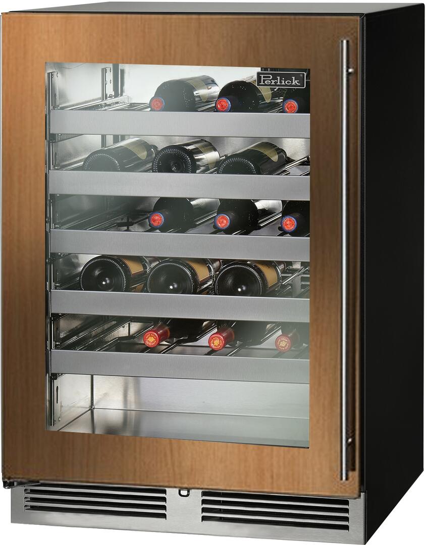 Perlick built-in single-zone wine cooler with glass door, wood panel-ready front, steel base